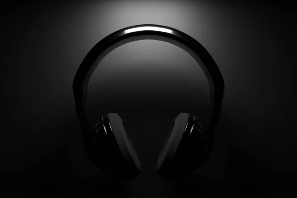 3D图片黑色耳机在黑色隔离背景上的白光 耳机图标说明 — 图库照片