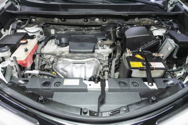 Novosibirsk, Russia - November 04, 2021:  Toyota RAV-4, Close up detail of new car engin