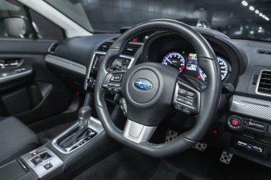 Novosibirsk, Russia - November 18, 2021:  Subaru Levorg , Modern car interior view with dashboar