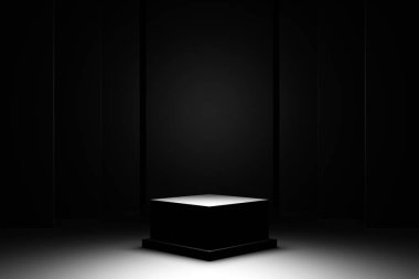 3d illustration of a black square podium under white light on a black background. 3d rendering. Geometric minimalism background