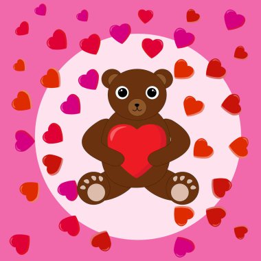 Cartoon bear with heart on a monochrome background with hearts. cute little toy, design for children