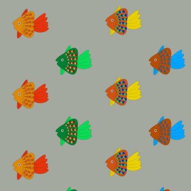 Renkli balıkların deseni. Duvar kağıdı, tekstil, ambalaj, kartlar, kapaklar için kullanılabilir. Mavi arka planda küçük sevimli bir hayvan..