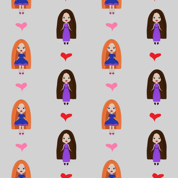 Seamless Pattern Cartoon Dolls Monochrome Background Cute Little Girls Pattern — Stockfoto