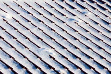 Close-up snow covered tile roof