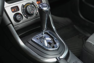 Novosibirsk, Russia - October 30, 2021:  Peugeot 308  , Manual gearbox handle in the car