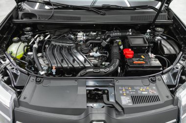 Novosibirsk, Russia - October 25, 2021:   Renault Logan  , Close up detail of new car engin