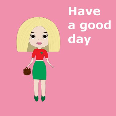 Cartoon doll with blond hair and a funny bag on a monochrome background. cute little doll princess, design for children. Have a good day