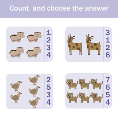 How many counting game with funny forest animal goats, hamsters, cats, ducks. Preschool worksheet, kids activity sheet, printable worksheet