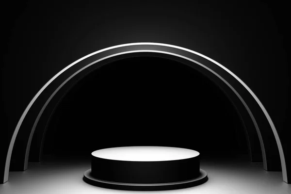 モノクロームの背景に黒い表彰台の3Dイラスト 授賞式のための空の台座 — ストック写真