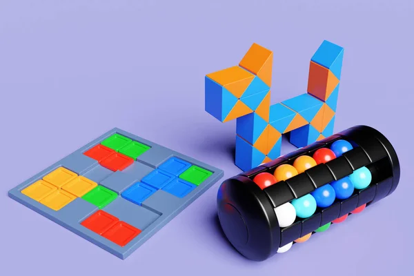 Illustration Black Cylinder Colorful Balls Square Puzzle Long Puzzle Geometric — Stockfoto