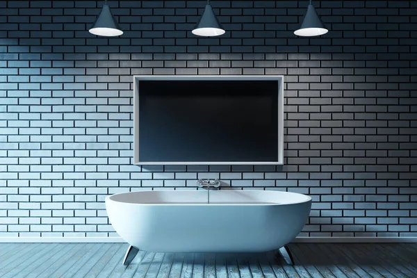 Illustration Interior Spacious Bathroom Black Screen Three Chandeliers Background Brick — Stockfoto