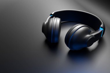 Black classic wireless headphones isolated 3d rendaring.  Headphone icon illustration. Audio technology. 