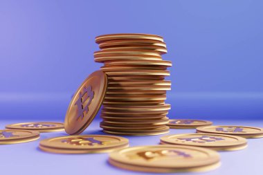 3d illustration A lot of bitcoins Cryptocurrency Gold Bitcoin BTC Bit Coin. Close-up of bitcoin coins, Blockchain technology, bitcoin mining concept.