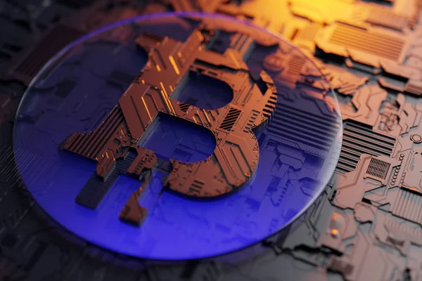 Illustration Realistic Bitcoin Model Background Metallic Technological Coating Spaceship Robot — Stock Photo, Image