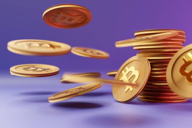 3d illustration A lot of bitcoins Cryptocurrency Gold Bitcoin BTC Bit Coin. Close-up of bitcoin coins, Blockchain technology, bitcoin mining concept.