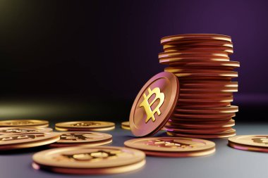 3d illustration A lot of bitcoins Cryptocurrency Gold Bitcoin BTC Bit Coin. Close-up of bitcoin coins, Blockchain technology, bitcoin mining concept.