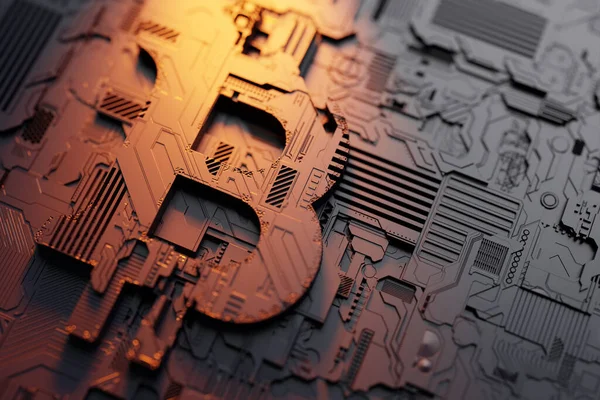 Illustration Realistic Bitcoin Model Background Robot Black Cyber Armor Close — Stock Photo, Image