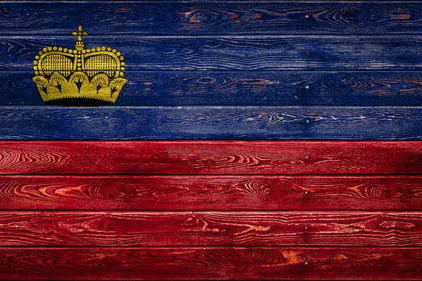 Liechtensteins Nationella Flagga Målad Ett Läger Med Jämna Tavlor Spikade — Stockfoto