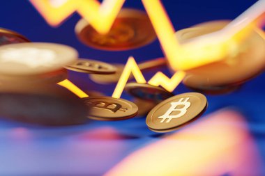 3D illüstrasyon. Kripto para birimi Altın Bitcoin BTC bit madeni para ve büyüme grafiği. Bitcoin sikkelerine yakın çekim, Blockchain teknolojisi, bitcoin madencilik konsepti.