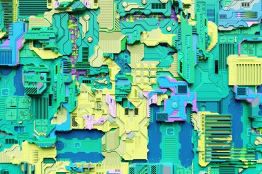 Neon ışıklarındaki yeşil siber zırhın 3 boyutlu çizimi. Bilgisayar oyunlarının biçiminde soyut Grafikler. 