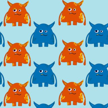 Mavi arka planda sevimli canavarlar olan çocuksu bir model. Çocuk giysileri, kumaşlar, tekstil için vektör dokusu