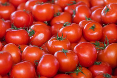 Domates arka planı. Dükkanda yetişen taze domatesler. Salata, ana yemek ve çorba için domates.