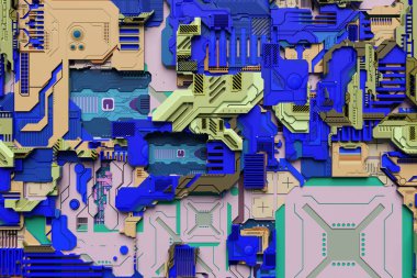 Neon ışıklarının üzerindeki renkli siber zırhın 3 boyutlu çizimi. Bilgisayar oyunlarının biçiminde soyut Grafikler. 