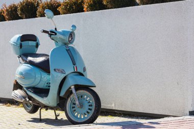 Yana, Türkiye - 22 Ocak 2022: Mavi Arora Cappucino sıcak bir günde bir çitin arka planına, bahçeye park etti.