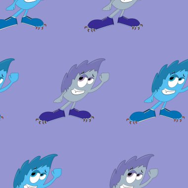 Tek renkli arka planda kusursuz bir çizgi film deseni. Komik mor canavar. Sevimli, korkunç bebek kahraman modeli, çocuklar için tasarım.