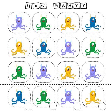 Komik sevimli canavarlarla kaç tane sayma oyunu. Anaokulu ödevi, çocukların faaliyet listesi, basılabilir çalışma listesi.