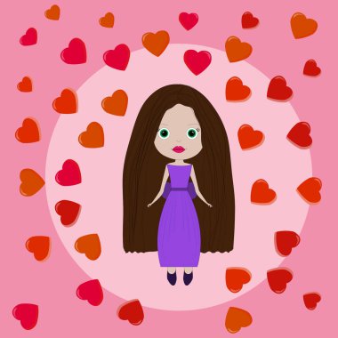 Tek renkli arka planda siyah saçlı, kalbi olan çizgi film bebeği. Tatlı küçük bebek prenses, çocuklar için tasarım.