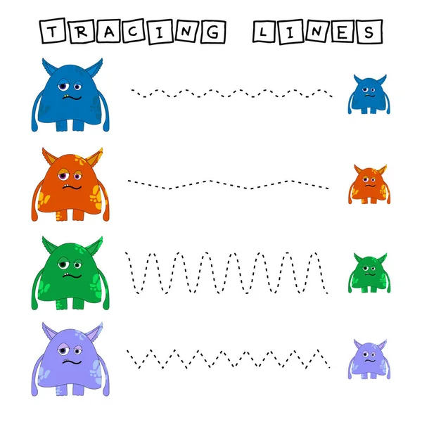 Trace Line Worksheet Cute Colorful Monsters Kids Practicing Fine Motor — Stock Photo, Image