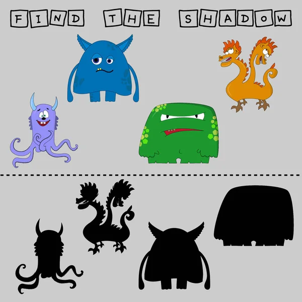 Find Pair Shadow Game Funny Colorful Monsters Worksheet Preschool Kids — Stock Photo, Image