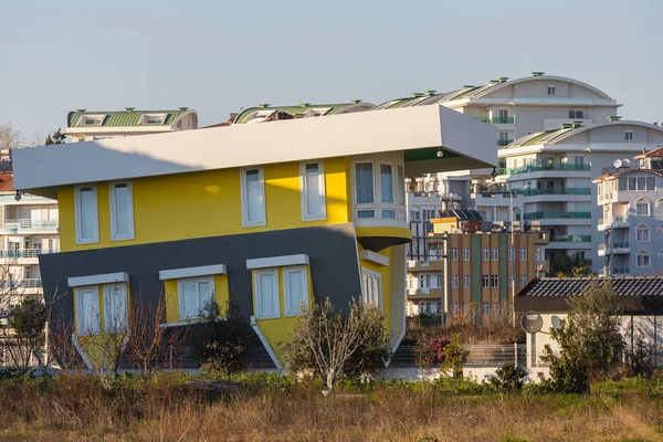 Unusual Architecture Gray Yellow Stone Upside House Children Attraction — Stock Photo, Image