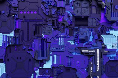 Bir robotun ya da mavi siber zırhın gerçekçi bir modelinin 3 boyutlu çizimi. Kripto-bitcoin madenciliği için yakın çekim ekipmanı; eter. Video kartları; anakartlar