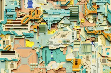 Metalden yapılmış askeri teknolojik döşeme, bir uzay aracının teknolojik kaplaması veya robotu şeklinde bir desen.