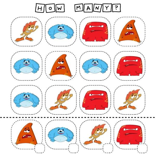 How Many Counting Game Funny Cute Monsters Worksheet Preschool Kids — Stock Photo, Image
