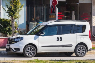 Yana, Türkiye - 27 Ocak 2022: Beyaz Fiat Duplo, sıcak bir yaz gününde caddeye park etti. 