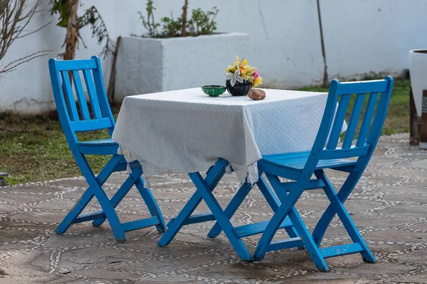 Concept Measured Rest Seashore Perfect Place Date Restaurant Blue Wooden — Stock Photo, Image