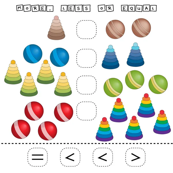 Que Mayor Menos Igual Juego Con Juguetes Colores Hoja Trabajo —  Fotos de Stock