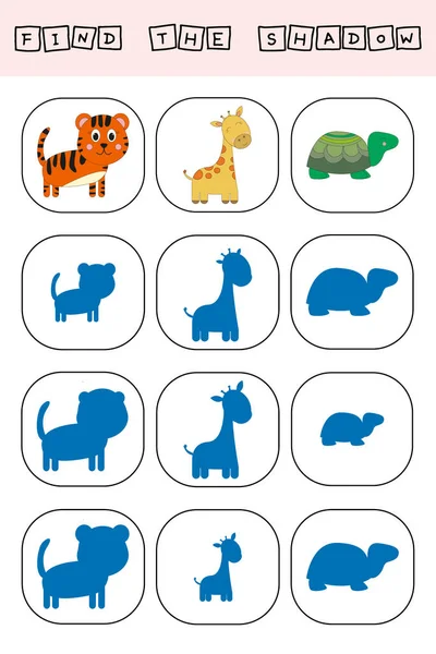 Find Shadow Tiger Giraffe Turtle Match Toy Correct Shadow Preschool — Stock Photo, Image