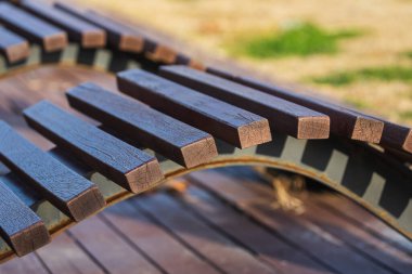 Bir şehir parkının arka planına karşı ahşaptan yapılmış rahat güneş şezlongları. Rahatlatıcı tatil kavramı