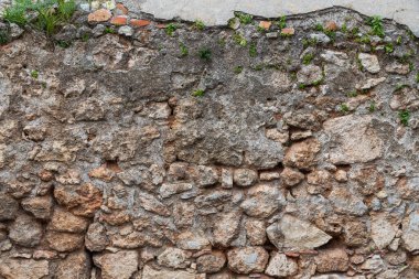 Yaprakları ve yosunları olan kahverengi-gri taş duvarın arka planı. Tahta duvar dokusu ve arkaplan deseni 