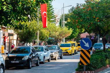 Taraf; Türkiye 16 Şubat 2022: Farklı arabalı şehir caddesi, turuncu parka karşı taksi Renault, bayrak  
