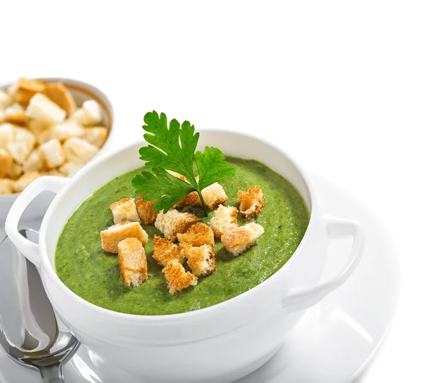 Cream soup with dried crusts — Stock Photo, Image