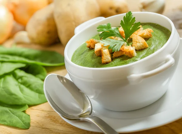 Cream soup with dried crusts — Stock Image Cream soup with dried crusts Stock Image