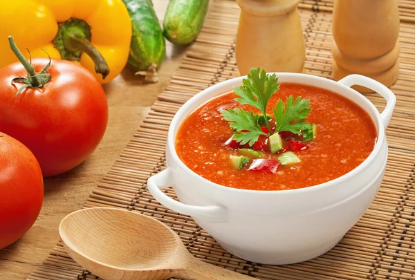 Gazpacho and ingredients — Stock Photo, Image