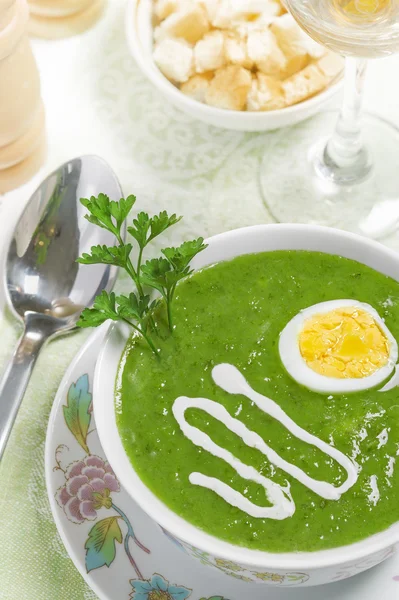 Cream soup with egg and sour cream — Stock Photo, Image