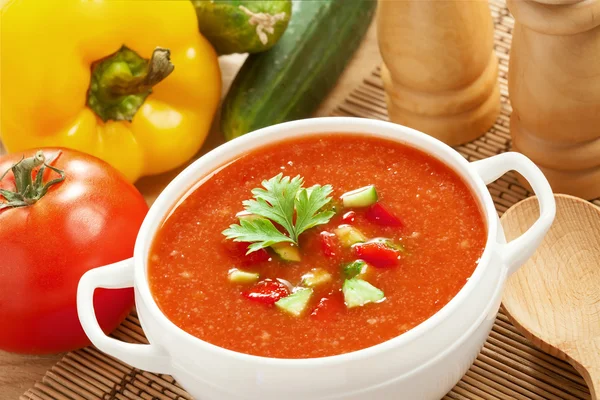 Gazpacho and ingredients — Stock Photo, Image