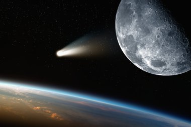 Earth, moon, comet in space clipart